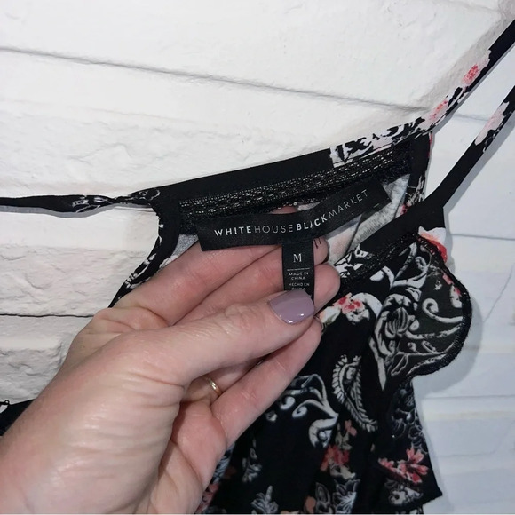 WHBM Black Floral Cold Shoulder Short Sleeve Ruffle Blouse, Women’s Size Medium - Picture 6 of 7